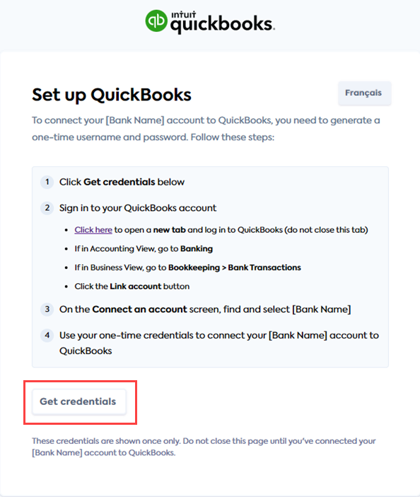 The Set up QuickBooks page that allows your SMB user to get their credentials. Image